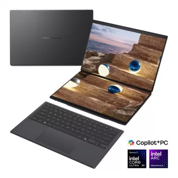 ASUS Zenbook Duo UX8407AA-SN066W φορητός υπολογιστής 14 ίντσες OLED οθόνη αφής 3K 144Hz, Intel Core Ultra 9 388H, 32GB LPDDR5X, 2TB SSD, Intel Arc Graphics, Windows 11 Home, Moher Gray