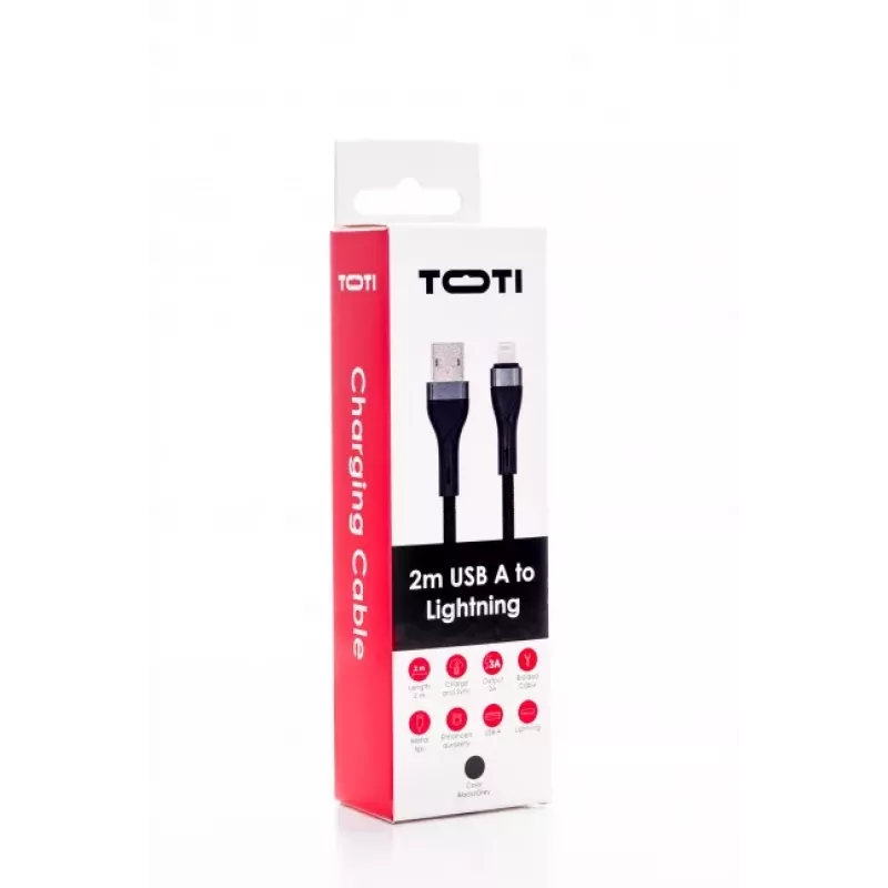 SEEK TOTI Καλώδιο USB-A σε Lightning 2m πλεκτό 2A (Non-MFI) Μαύρο