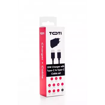 SEEK TOTI Φορτιστής τοίχου 20W Type-C PD με καλώδιο δεδομένων Type-C σε Type-C, 1 m PVC 3A, Μαύρο