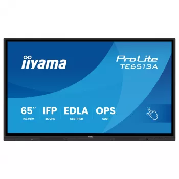 IIYAMA ProLite TE6513A-B3AG 65 ίντσες 4K UHD IPS LED διαδραστική οθόνη αφής με IR-Touch, 20 σημεία αφής, Android 11, 400 cd/m², 8 ms, HDMI, DisplayPort, USB-C, VGA, LAN, Wi-Fi, Bluetooth, VESA 600x400, μαύρο