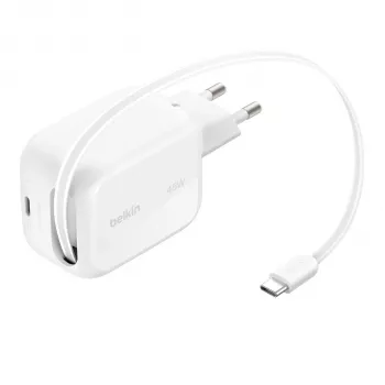 Belkin UltraCharge 45W Dual GaN Retractable φορτιστής USB-C λευκό