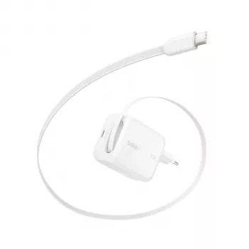 Belkin BOOST CHARGE Pro 67W Dual GaN επιτοίχιος φορτιστής με ανασυρόμενο καλώδιο USB-C, λευκό