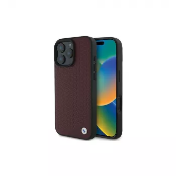 BMW iPhone 16 Pro Max Κόκκινη Σκληρή Θήκη Sign Leather Diamond Metal Logo MagSafe