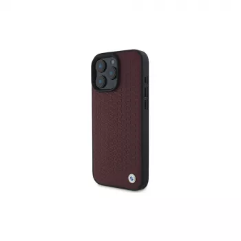 BMW iPhone 16 Pro Max Κόκκινη Σκληρή Θήκη Sign Leather Diamond Metal Logo MagSafe