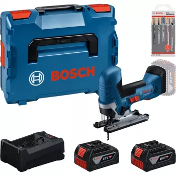 BOSCH PowerTools σετ επαναφορτιζόμενης σέγας με 2 μπαταρίες 5,0 Ah, ταχυφορτιστή και σετ λεπίδων σέγας σε L-BOXX (χαρτοκιβώτιο)
