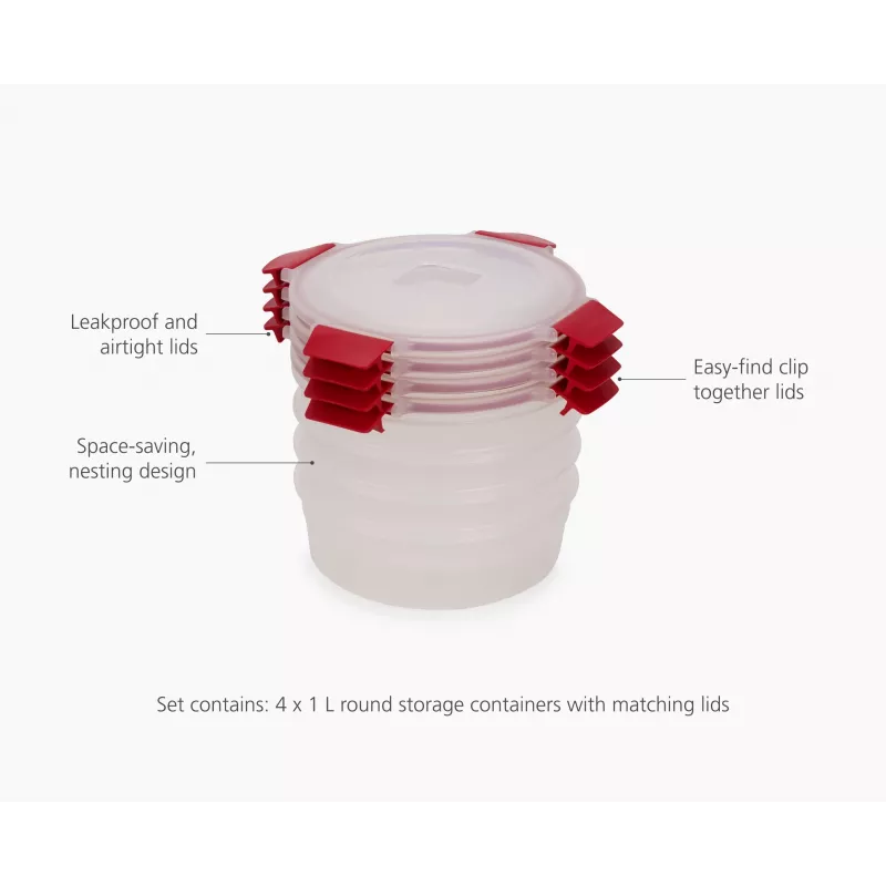 Joseph Joseph Nest Lock 4 τεμ. κόκκινο στρογγυλό σετ δοχείων τροφίμων 1L