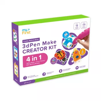 myFirst 3dPen Make Creator Kit - σετ στυλό 3D εκτύπωσης με 3 θεματικά σετ προτύπων, 3 κινούμενα μοντέλα και νήματα PCL (κόκκινο)