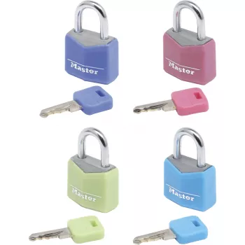 Master Lock 9120EURQCOLNOP 20 mm Συμπαγές Αλουμινένιο Λουκέτο με Κλειδί Συσκευασία 4 τεμ. Ανάμεικτα Χρώματα Μπλε Πράσινο Ροζ Βιολετί