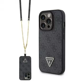 GUESS PU 4G Strass Triangle Metal Θήκη + λουράκι για iPhone 15 Pro μαύρο