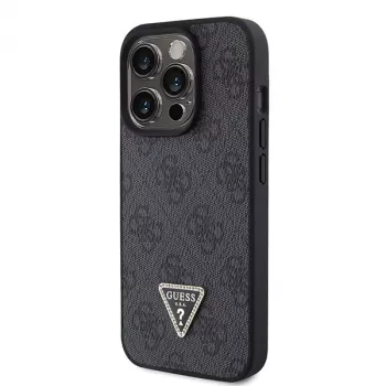 GUESS PU 4G Strass Triangle Metal Θήκη + λουράκι για iPhone 15 Pro μαύρο