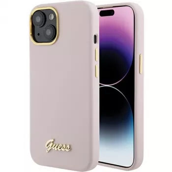 Guess GUHCP15SSMBSLP Σκληρή θήκη σιλικόνης Script Metal Logo & Frame για Apple iPhone 15 / 14 / 13 6,1 inch - ροζ