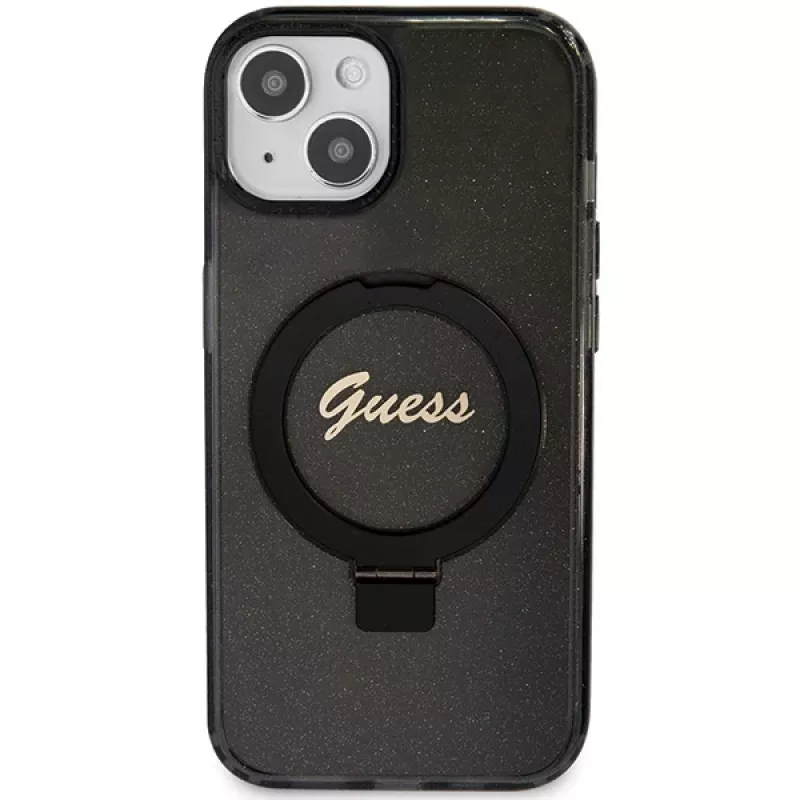 Guess GUHMP14SHRSGSK iPhone 14 / 15 / 13 6,1 inch Μαύρη Θήκη με Ring Stand Script Glitter MagSafe
