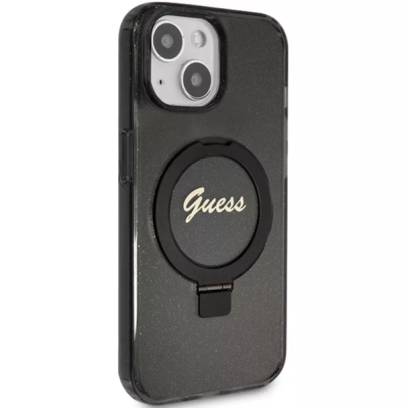 Guess GUHMP14SHRSGSK iPhone 14 / 15 / 13 6,1 inch Μαύρη Θήκη με Ring Stand Script Glitter MagSafe