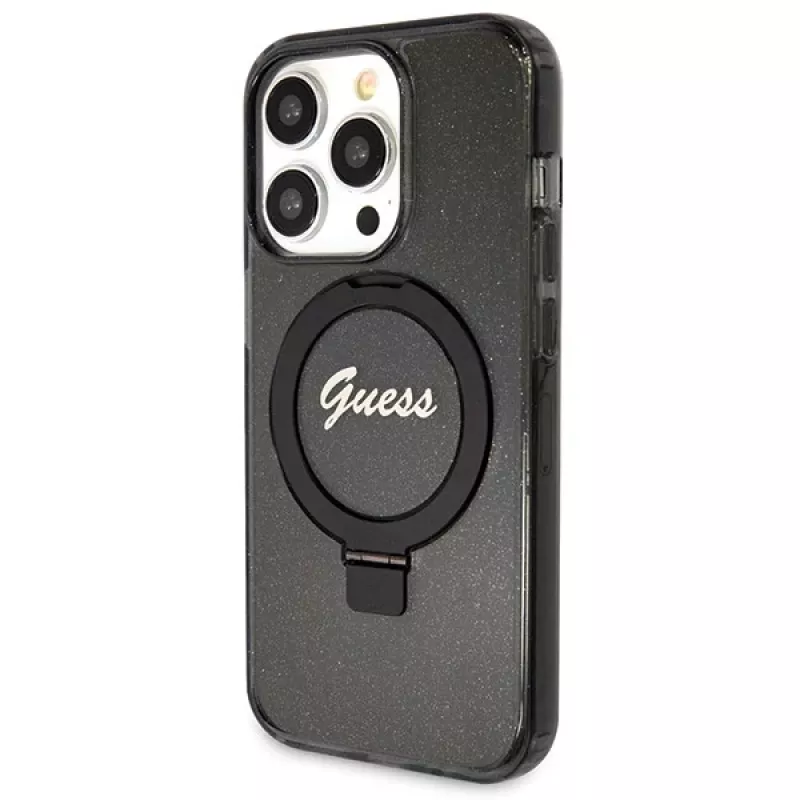Guess GUHMP14XHRSGSK iPhone 14 Pro Max 6,7 inch Μαύρη Θήκη με Ring Stand Script Glitter MagSafe
