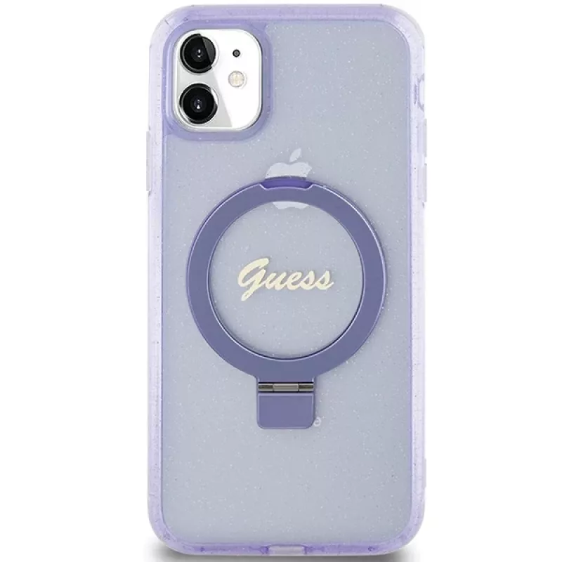 Guess GUHMN61HRSGSU iPhone 11 / XR 6,1 inch Μωβ Θήκη με Ring Stand Script Glitter MagSafe