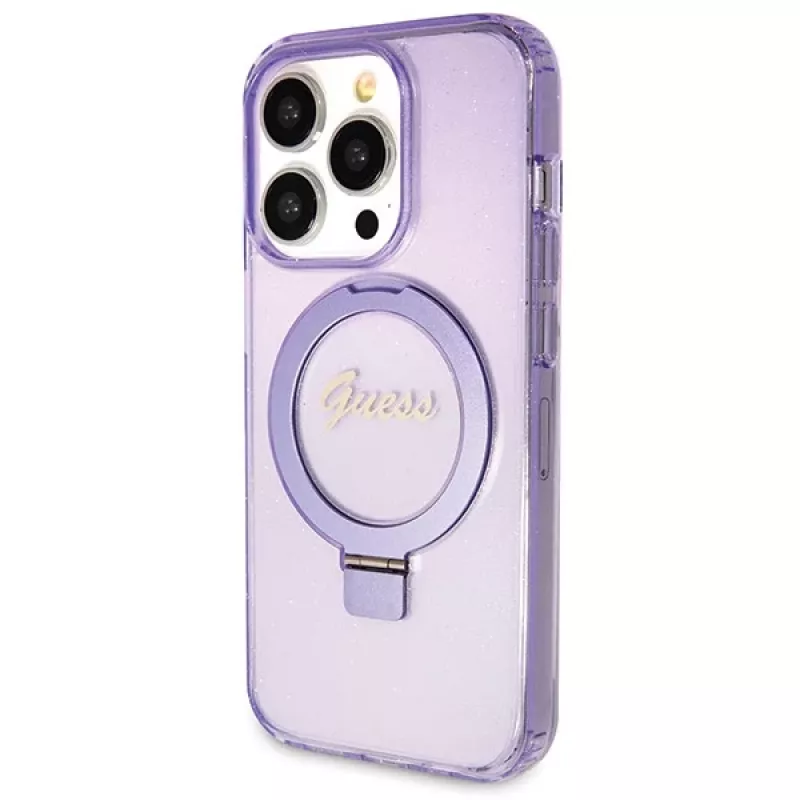 Guess GUHMP14LHRSGSU iPhone 14 Pro 6,1 inch Θήκη με Ring Stand Script Glitter MagSafe Μωβ