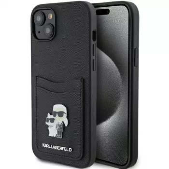 Karl Lagerfeld KLHCP15SSAPKCNPK iPhone 15 / 14 / 13 6,1 inch Μαύρη Θήκη Saffiano με Θήκη Καρτών Karl & Choupette και Μεταλλική Καρφίτσα