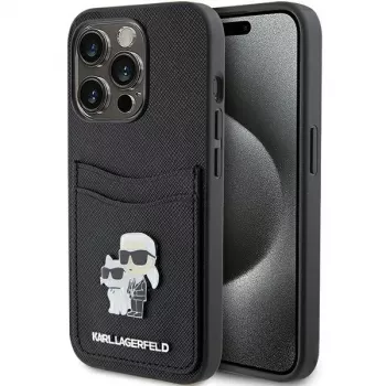 Karl Lagerfeld KLHCP15LSAPKCNPK iPhone 15 Pro 6,1 inch Μαύρη Θήκη Saffiano με Θήκη Καρτών Karl & Choupette και Μεταλλική Καρφίτσα