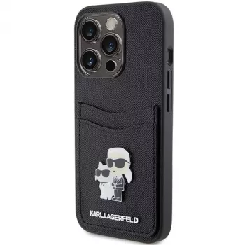 Karl Lagerfeld KLHCP15LSAPKCNPK iPhone 15 Pro 6,1 inch Μαύρη Θήκη Saffiano με Θήκη Καρτών Karl & Choupette και Μεταλλική Καρφίτσα