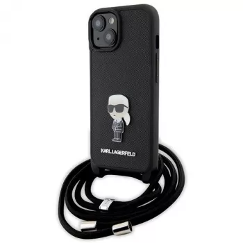 Karl Lagerfeld KLHCP15SSASKNPSK iPhone 15/14/13 6,1 inch Θήκη Μαύρη Crossbody Saffiano Monogram Μεταλλική Καρφίτσα Karl & Choupette