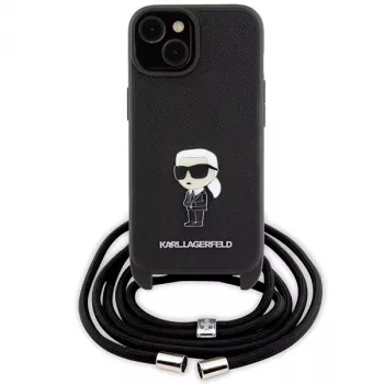 Karl Lagerfeld KLHCP15SSASKNPSK iPhone 15/14/13 6,1 inch Θήκη Μαύρη Crossbody Saffiano Monogram Μεταλλική Καρφίτσα Karl & Choupette