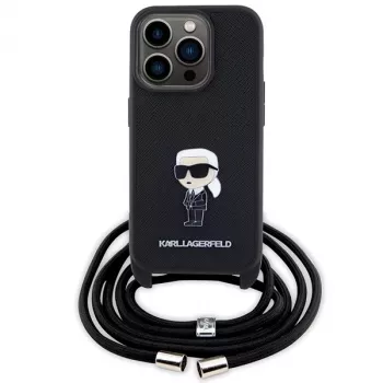 Karl Lagerfeld KLHCP15LSASKNPSK iPhone 15 Pro 6,1 inch Θήκη Μαύρη Crossbody Saffiano Monogram Μεταλλική Καρφίτσα Karl & Choupette