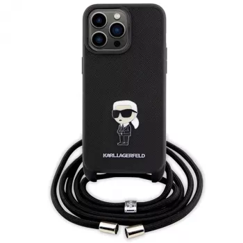 Karl Lagerfeld KLHCP15XSASKNPSK Θήκη για iPhone 15 Pro Max 6,7 inch Μαύρη Crossbody Saffiano Monogram Μεταλλική Καρφίτσα Karl & Choupette
