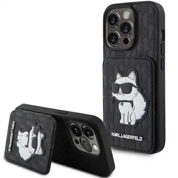 Karl Lagerfeld KLHCP15XSAKCNSCK iPhone 15 Pro Max 6,7 inch Μαύρη Θήκη Saffiano με Θήκες Καρτών και Βάση Monogram Choupette