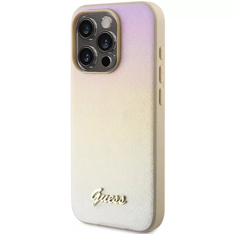 Guess GUHCP14LPSAIRSD iPhone 14 Pro 6,1 inch χρυσή σκληρή θήκη Saffiano Iridescent Script