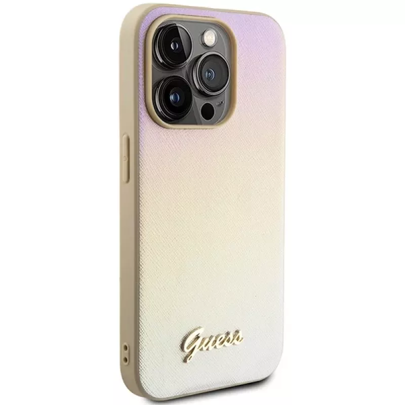 Guess GUHCP14LPSAIRSD iPhone 14 Pro 6,1 inch χρυσή σκληρή θήκη Saffiano Iridescent Script