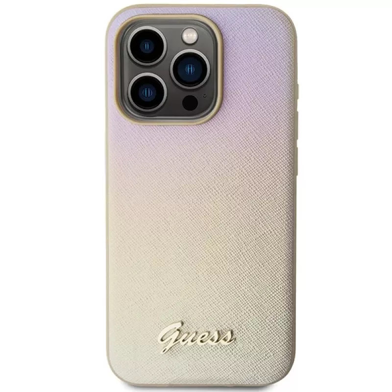 Guess GUHCP15XPSAIRSD Saffiano Iridescent Script σκληρή θήκη για iPhone 15 Pro Max, χρυσό