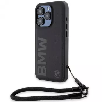 BMW Signature Leather σκληρή θήκη για iPhone 15 Pro Max 6,7 inch μαύρο με κορδόνι