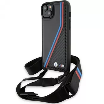BMW M Edition Carbon Tricolor Lines σκληρή θήκη για iPhone 15 Plus / 14 Plus 6,7 inch μαύρο με λουρί μεταφοράς