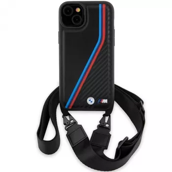 BMW M Edition Carbon Tricolor Lines σκληρή θήκη για iPhone 15 Plus / 14 Plus 6,7 inch μαύρο με λουρί μεταφοράς