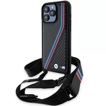 BMW M Edition Carbon Tricolor Lines σκληρή θήκη με λουράκι χεριού για Apple iPhone 15 Pro Max 6,7 inch μαύρο