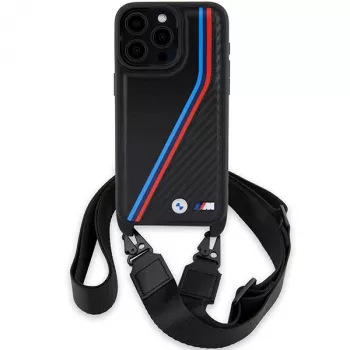 BMW M Edition Carbon Tricolor Lines σκληρή θήκη με λουράκι χεριού για Apple iPhone 15 Pro Max 6,7 inch μαύρο