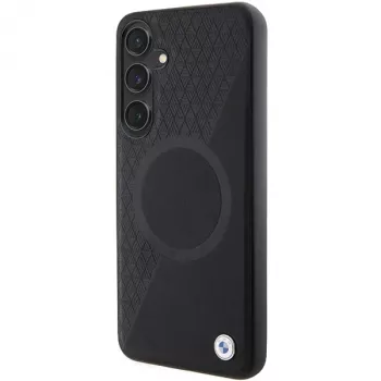 BMW Signature δερμάτινη σκληρή θήκη Half Textured & Circle MagSafe για Samsung Galaxy S24 S921 μαύρη