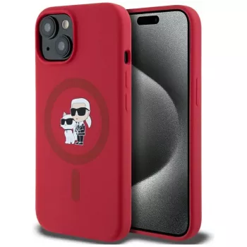 KARL LAGERFELD θήκη σιλικόνης για iPhone 15 με MagSafe και δακτύλιο - Karl & Choupette Heads - κόκκινη