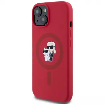 KARL LAGERFELD θήκη σιλικόνης για iPhone 15 με MagSafe και δακτύλιο - Karl & Choupette Heads - κόκκινη