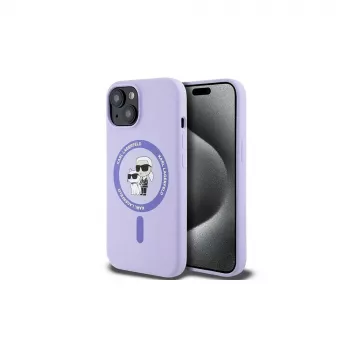 Karl Lagerfeld KLHMP15SSCMKCRHU iPhone 15 6,1 ιντσών μωβ θήκη σιλικόνης σκληρή με κεφάλια Karl & Choupette δακτύλιο και MagSafe