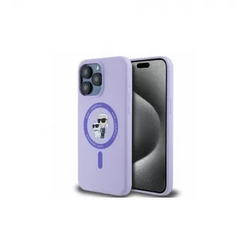 Karl Lagerfeld iPhone 15 Pro Max 6,7 ιντσών μωβ σκληρή θήκη σιλικόνης με κεφάλια Karl & Choupette δακτύλιο MagSafe