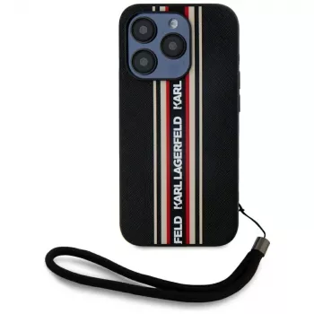 KARL LAGERFELD θήκη Saffiano Athleisure Stripes Cord για iPhone 15 Pro, μαύρο/κόκκινο