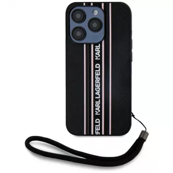 KARL LAGERFELD θήκη Saffiano Athleisure Stripes Cord για iPhone 15 Pro, μαύρο/ροζ