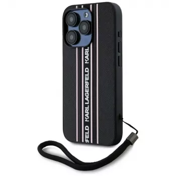 KARL LAGERFELD θήκη Saffiano Athleisure Stripes Cord για iPhone 15 Pro, μαύρο/ροζ