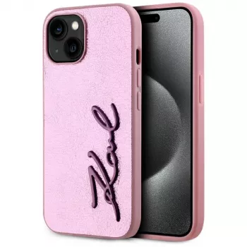 KARL LAGERFELD πίσω κάλυμμα Wrinkled Metal Signature για Apple iPhone 15, ροζ