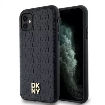 DKNY DKHMN61PSHRPSK Θήκη iPhone 11 / XR 6,1 ίντσες Μαύρη Σκληρή Δερμάτινη Μονόγραμμα Μοτίβο Μεταλλικό Λογότυπο MagSafe