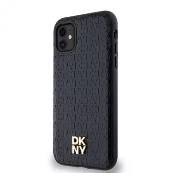 DKNY DKHMN61PSHRPSK Θήκη iPhone 11 / XR 6,1 ίντσες Μαύρη Σκληρή Δερμάτινη Μονόγραμμα Μοτίβο Μεταλλικό Λογότυπο MagSafe