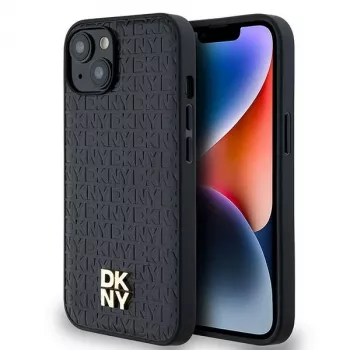 DKNY DKHMP14SPSHRPSK Σκληρή θήκη Δερμάτινη Μονόγραμμα Μοτίβο Μεταλλικό Λογότυπο MagSafe για iPhone 13/14/15, Μαύρη