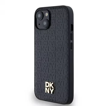 DKNY DKHMP14SPSHRPSK Σκληρή θήκη Δερμάτινη Μονόγραμμα Μοτίβο Μεταλλικό Λογότυπο MagSafe για iPhone 13/14/15, Μαύρη