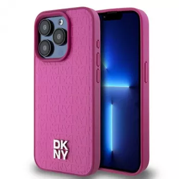 DKNY DKHMP15LPSHRPSP Θήκη iPhone 15 Pro 6,1 inch Ροζ Σκληρή Δερμάτινη με Μοτίβο Μονογράμματος και Μεταλλικό Λογότυπο, Συμβατή με MagSafe
